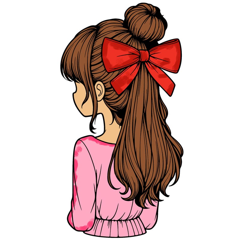 realistic girl  with hip length hair a bun and a big bow on the back of head