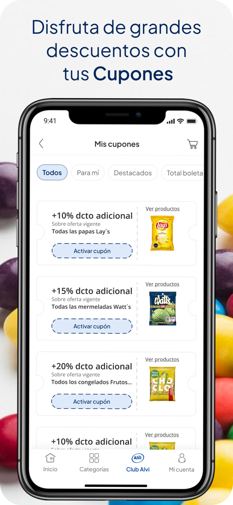 Club Alvi - Interface of the Club Alvi app showing various merchant discount coupons for products like Lays chips and frozen vegetables