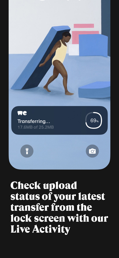 An iPhone lock screen showing a WeTransfer Live Activity widget with a file transfer at 69 percent completion.