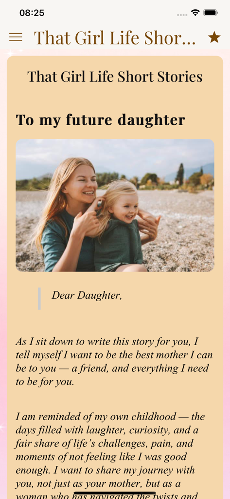 That Girl Life - Uma captura de tela do aplicativo That Girl Life com uma pequena história intitulada Para minha futura filha com uma imagem de mãe e filho