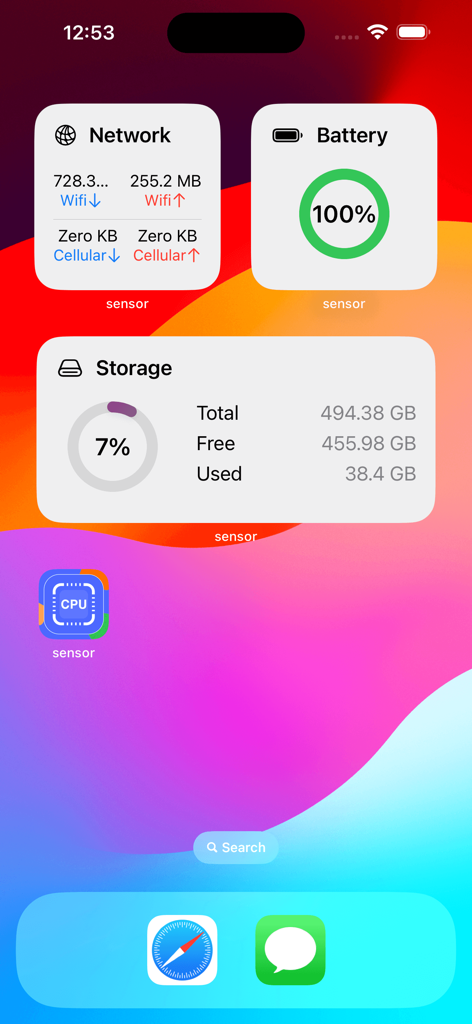 Écran d'accueil de l'iPhone avec des widgets de surveillance système pour l'utilisation de la batterie, du stockage et du réseau