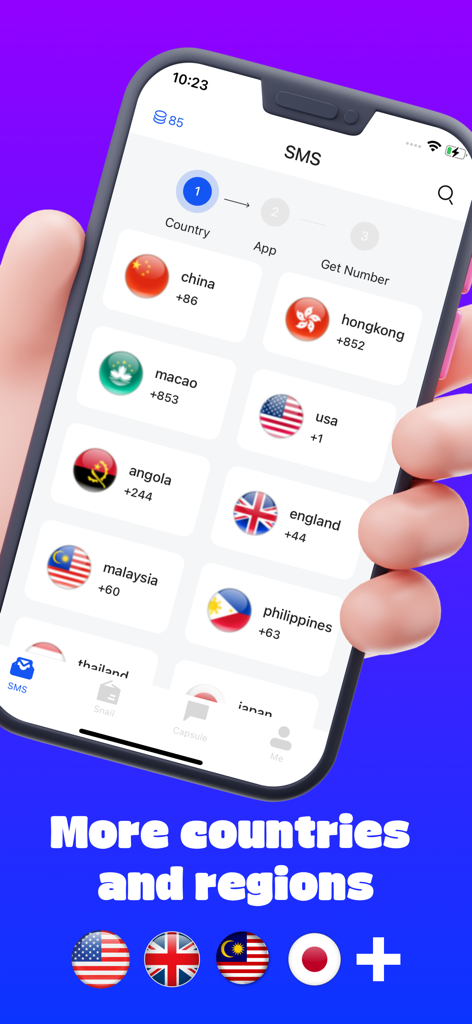 Interfaz de la aplicación SMS 2Number mostrando una lista de países para números de teléfono virtuales, incluyendo China, EE. UU. y Reino Unido.