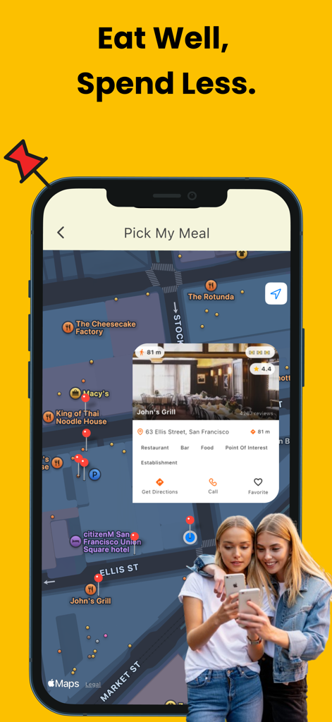 Plan to Eat: Dinner Planner - Dinner planner app showing an interactive restaurant map and two women using smartphones to pick a meal.
