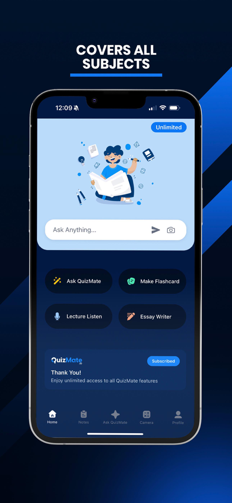 QuizMate AI Study Partner mobile app home screen showing academic tools for flashcards essay writing and lecture notes