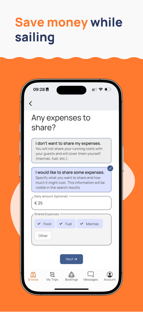 Interface de l'application Yacht Cabin pour les propriétaires de bateaux afin de définir les dépenses partagées du voyage pour la nourriture, le carburant et les marinas