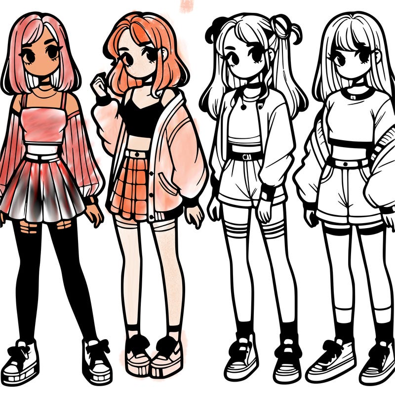 one girl with crop-top shirt and a jacket with a skirt, long socks and another girl with a shirt and pants with a jacket