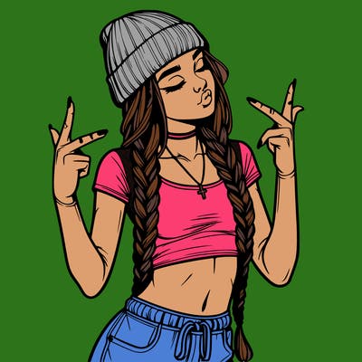 realistic teenage girl with braids and a beanie and crop top doing 🫶🏼