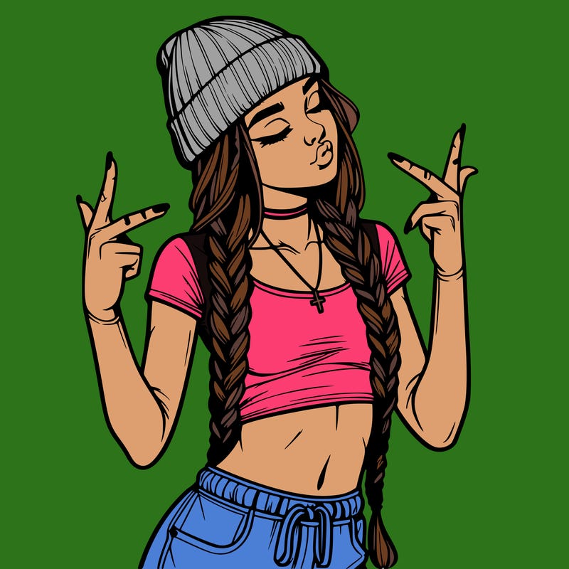 realistic teenage girl with braids and a beanie and crop top doing 🫶🏼