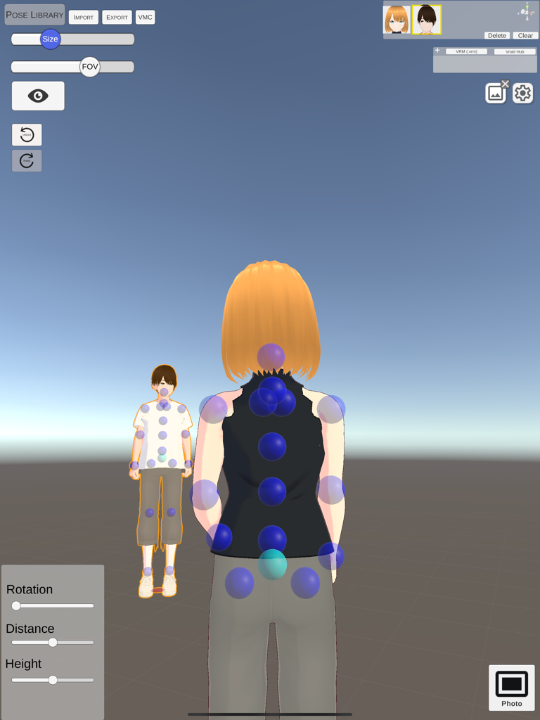 FastPoseVRM - Interfaz de la aplicación FastPoseVRM en iPad mostrando personajes de anime 3D con nodos de rigging para posicionamiento personalizado