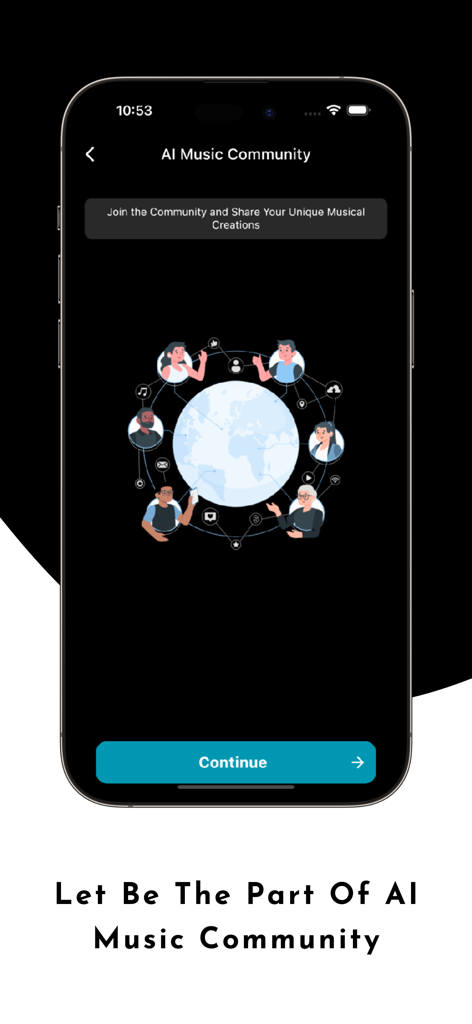 AI Music - Melody generator - KI-Musik-Melodiegenerator-App-Bildschirm, der Benutzer auffordert, der globalen Creator-Community beizutreten