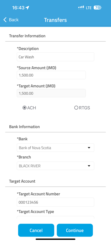 Uma tela de aplicativo móvel mostrando um formulário de transferência bancária com campos para descrição, valor de origem e informações bancárias