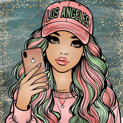 realistic beautiful girl wearing los ángeles cap holding an iphone