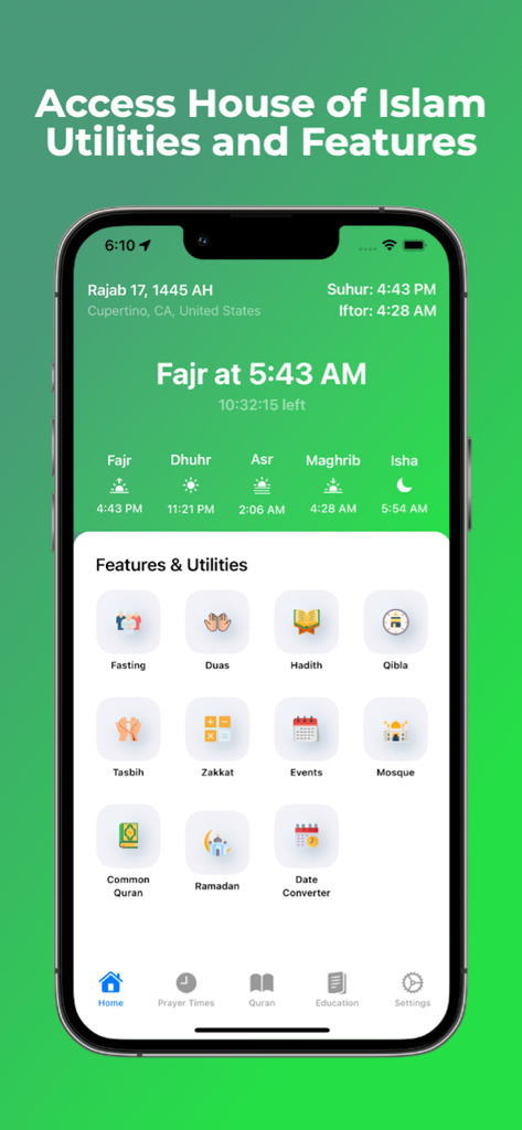 House of Islam - House of Islam app interface displaying prayer times and religious utility icons