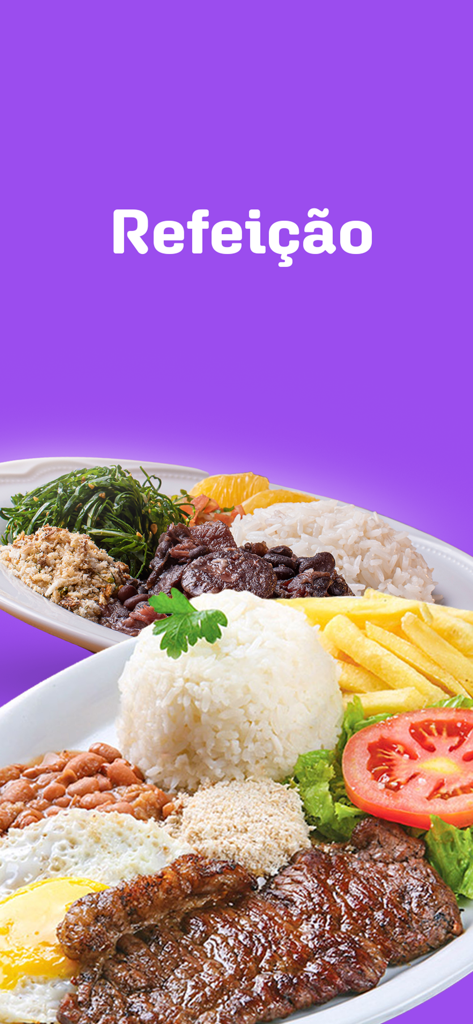 Quero Delivery - Quero Delivery app screen showing a traditional Brazilian meal with steak rice beans and fries under the title Refeicao