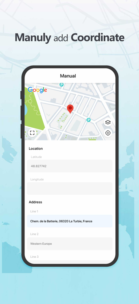 GPS Map Camera - Photo Stamp - A mobile app interface showing a map with a pin and fields to manually enter latitude longitude and address details