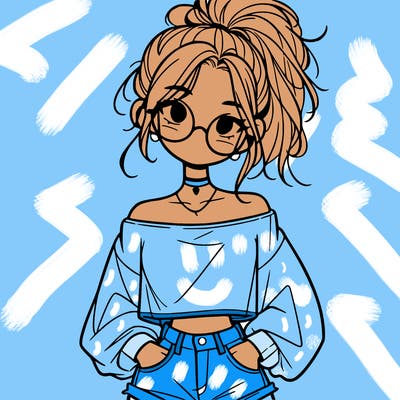 girl with a messy ponytail glasses a baggy crop top and jean shorts