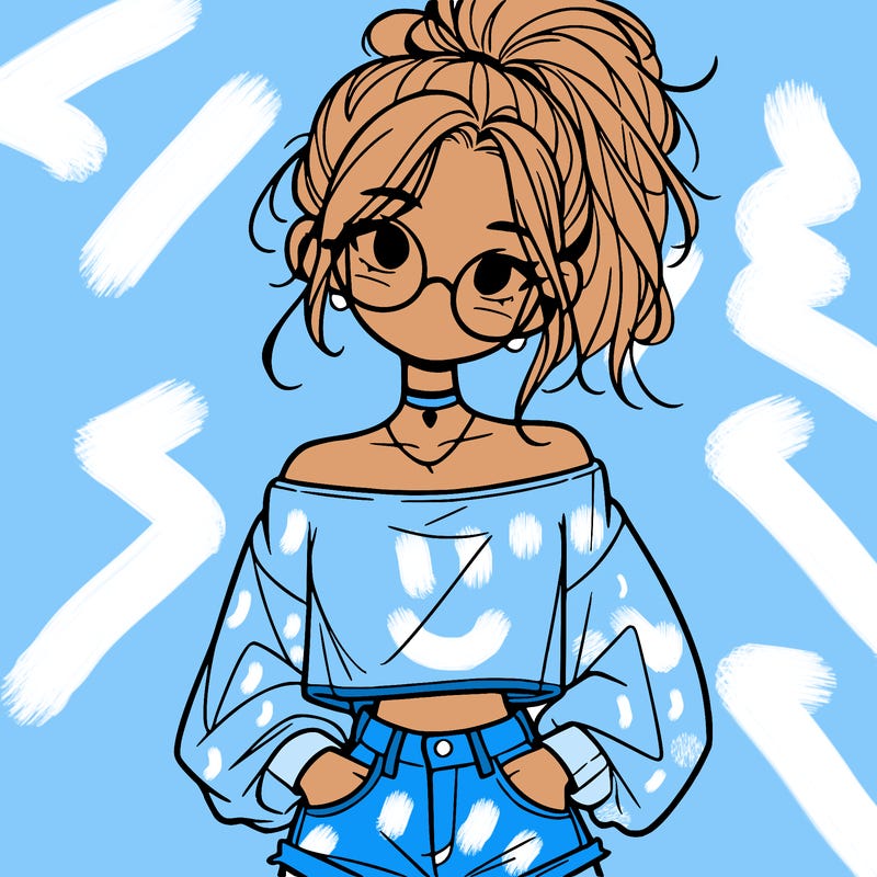 girl with a messy ponytail glasses a baggy crop top and jean shorts