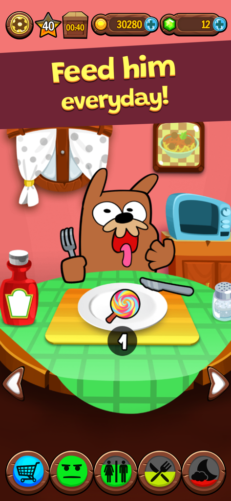 My Grumpy: Pranks & Reactions - A cartoon marmot character sitting at a table with a lollipop in the My Grumpy virtual pet game