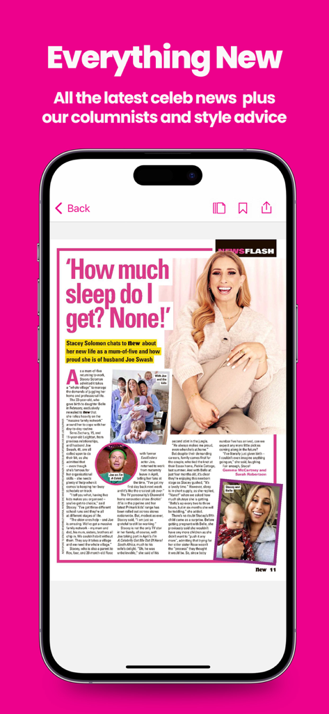 New! Magazine - New Magazine app interface displaying a celebrity news article about Stacey Solomon