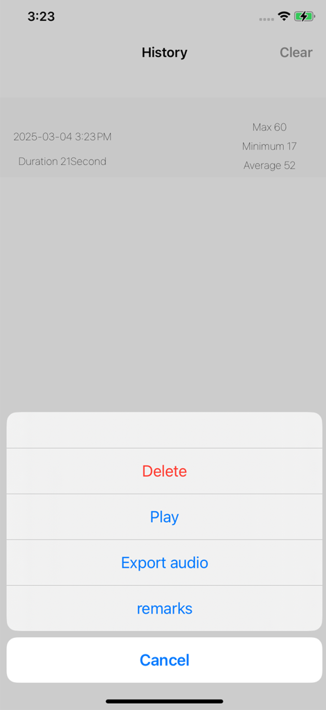 Decibel-Noise Testing Artifact - Decibel app history screen showing a noise recording with options to delete play or export audio