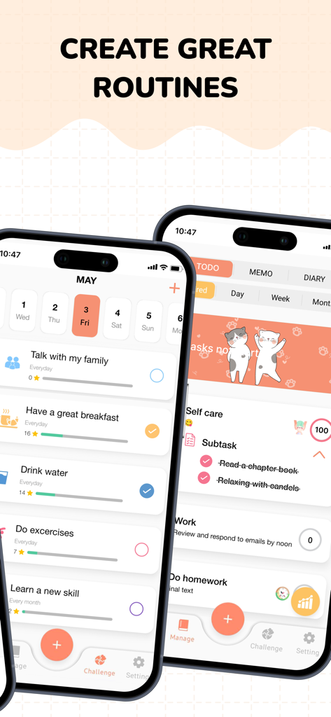 Two mobile phone screens displaying the Cute Calendar app interface with task lists, cat illustrations, and a heading that says Create Great Routines.