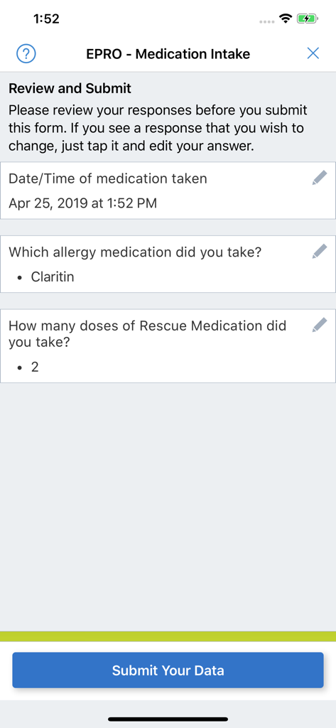Patient Cloud - Medication intake review and submit screen in the Patient Cloud app