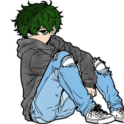 a male hoddie ripped jeans messy hair anime