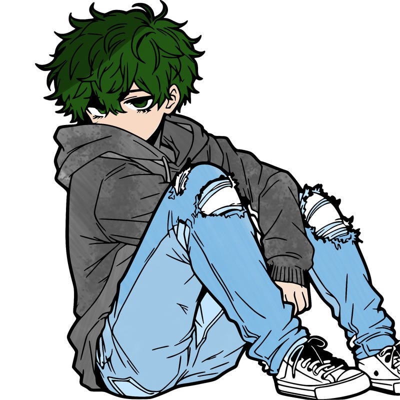 a male hoddie ripped jeans messy hair anime