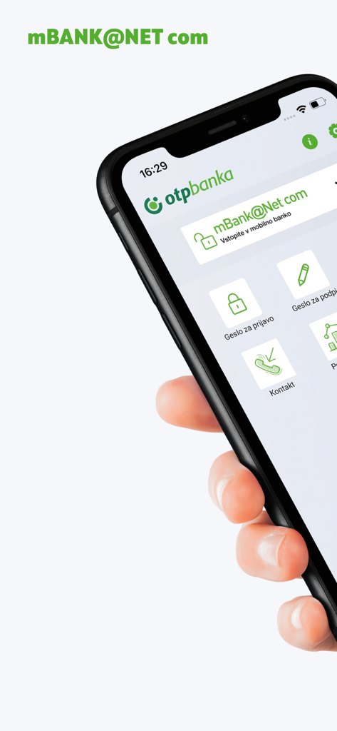 mBank@Net com - A hand holding a smartphone displaying the mBank@Net com business banking login screen with OTP banka branding