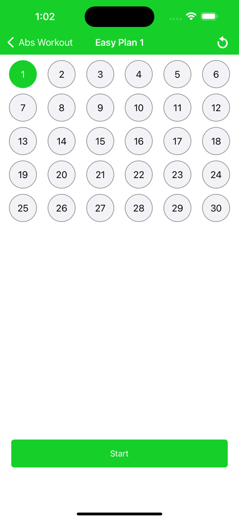 30 Day Fit Challenge Workout - App screen showing a 30 day abs workout calendar with 30 numbered days and a green start button