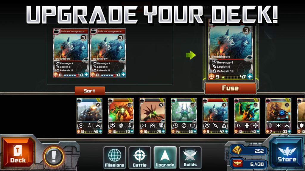 Tyrant Unleashed card fusion interface for upgrading units