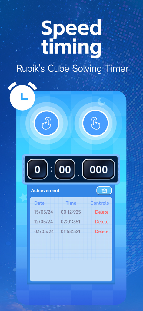 RGB Cube Solver &Timer - Interface montrant le chronomètre de résolution de Rubik's Cube avec chronométrage de vitesse et suivi des réalisations