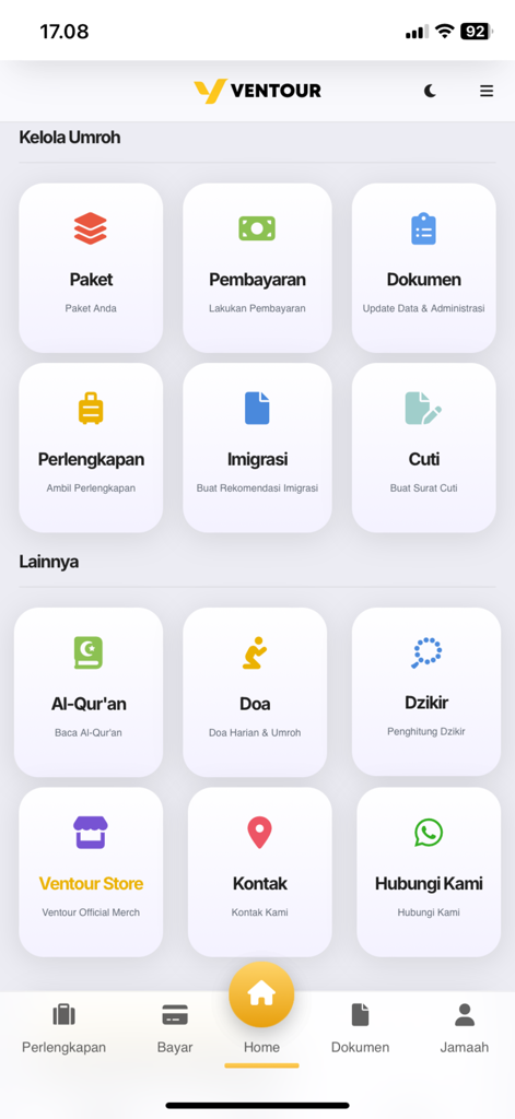 Ventour Mobile - Ventour Mobile app home screen showing Umrah travel management features like package booking, payments, and documents.