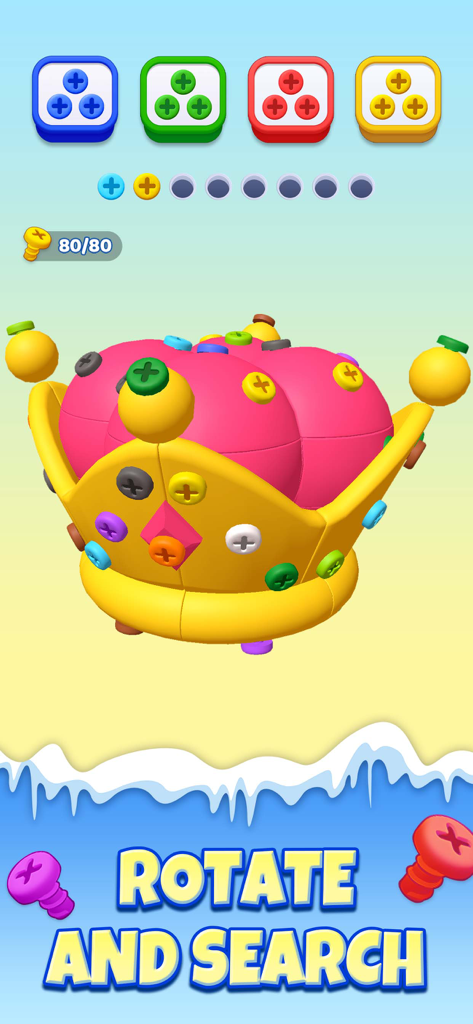 Unscrew Frenzy 3D - A 3D crown model with colorful screws and sorting bins in the Unscrew Frenzy 3D puzzle game