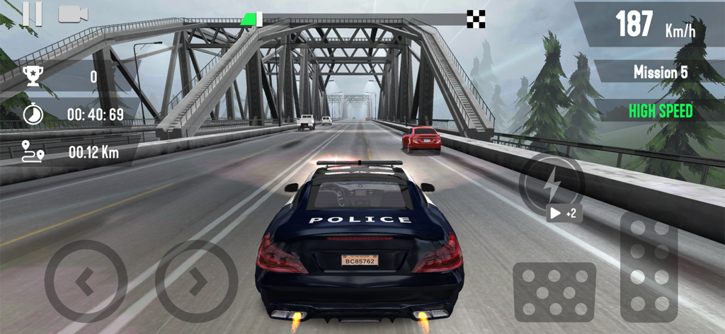 A police car driving at high speed on a bridge in a third-person view 3D racing simulator.