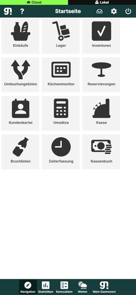 gastronovi Office - Main screen of the gastronovi Office app showing restaurant management modules like inventory and reservations