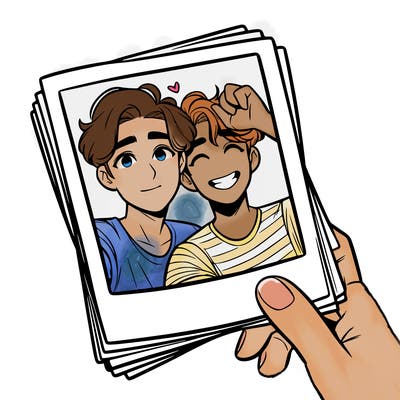 realistic, best friends taking a polaroid picture