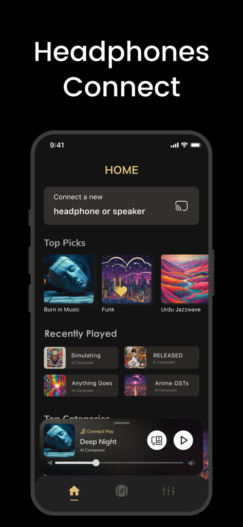 Home screen of the Connect Speaker and Headphones app featuring music playlists and a unified audio control panel