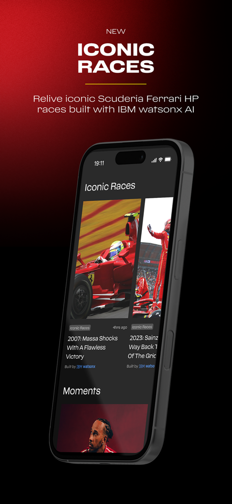 Scuderia Ferrari - iPhone screen displaying the Scuderia Ferrari app Iconic Races section with historic F1 highlights powered by IBM watsonx AI