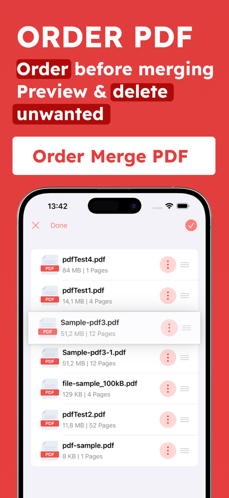 Combine & Merge PDF Converter - Mobile App-Oberfläche, die zeigt, wie PDF-Dokumente vor dem Zusammenführen neu angeordnet und in der Vorschau angezeigt werden.