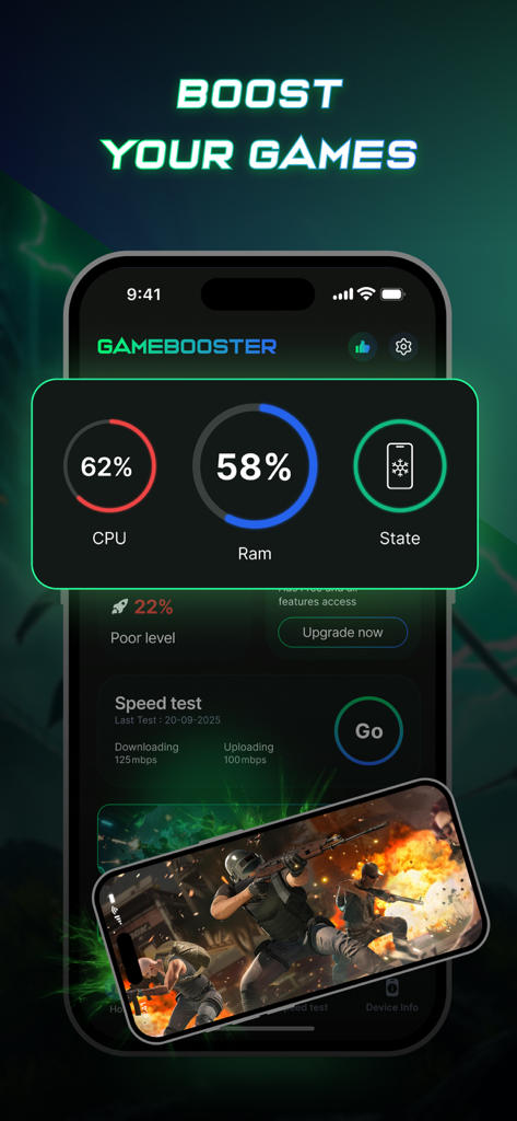 Game Booster: GFX Tool No Lag - Game Booster app dashboard displaying real-time CPU and RAM usage metrics with an internet speed test tool for mobile gaming optimization