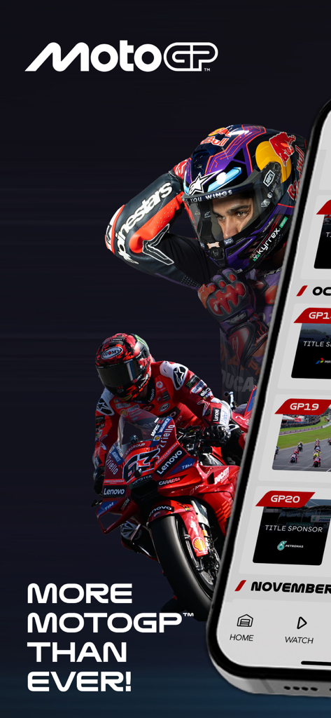 Die offizielle MotoGP-App zeigt professionelle Motorradrennfahrer und einen Rennkalender auf einem Smartphone-Bildschirm