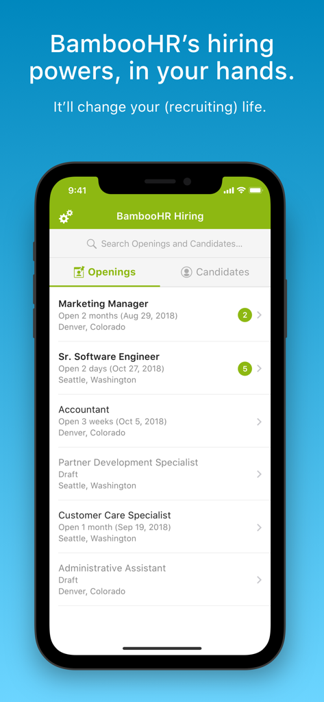 Mobile dashboard of BambooHR Hiring app showing a list of job openings