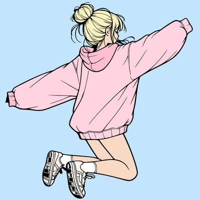 realistic girl jumping with a bun and oversized sweatshirt