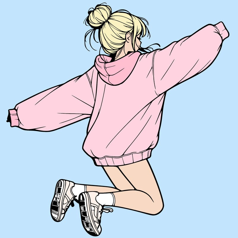 realistic girl jumping with a bun and oversized sweatshirt