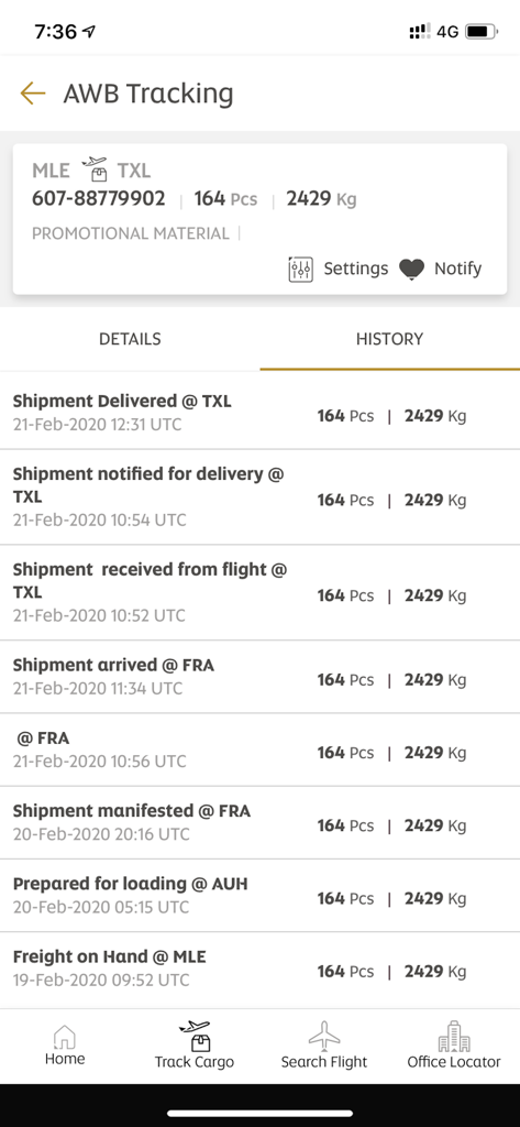Etihad Cargo - Etihad Cargo app screen showing detailed shipment history for an Air Waybill tracking from Male to Berlin.