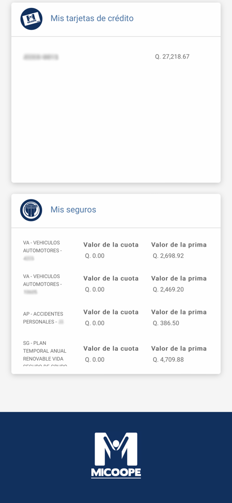 Micoope en Linea - Interfaz de la aplicación Micoope en Linea mostrando saldos de tarjetas de crédito y detalles de pólizas de seguro en Quetzales.