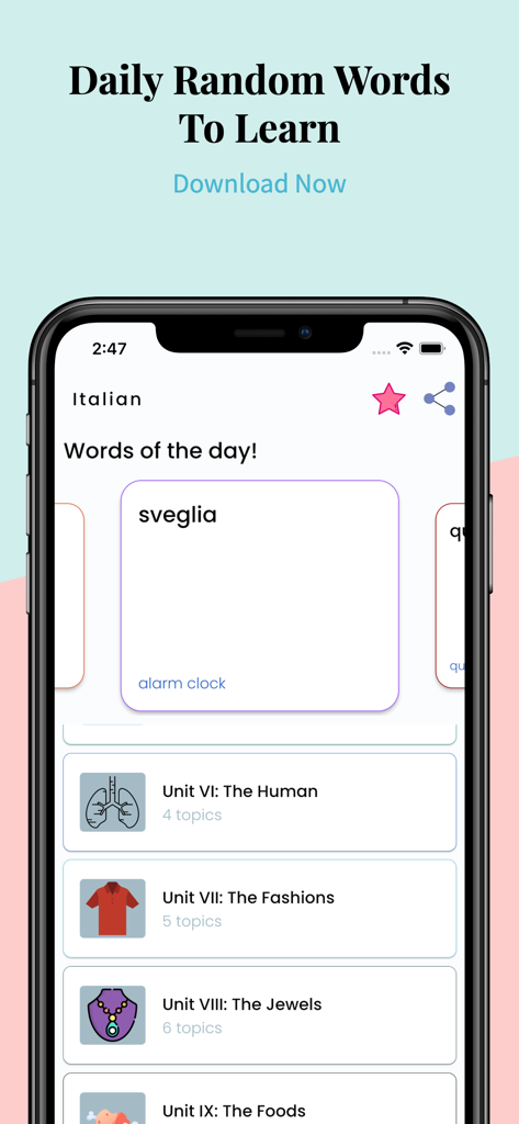 Learn Italian Language Easily - Italian language learning app interface showing the word of the day feature