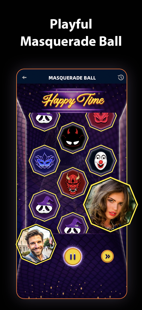 KinkD app Masquerade Ball interface showing masked icons and revealed user profile photos for private dating