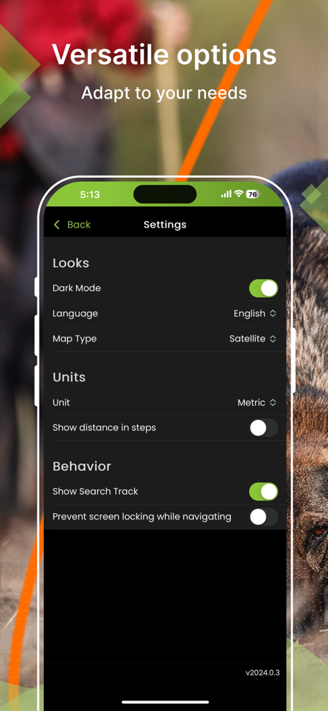 tracking-dog 2026 - Settings screen of the tracking-dog 2026 app displaying configuration options for looks, units, and behavior.